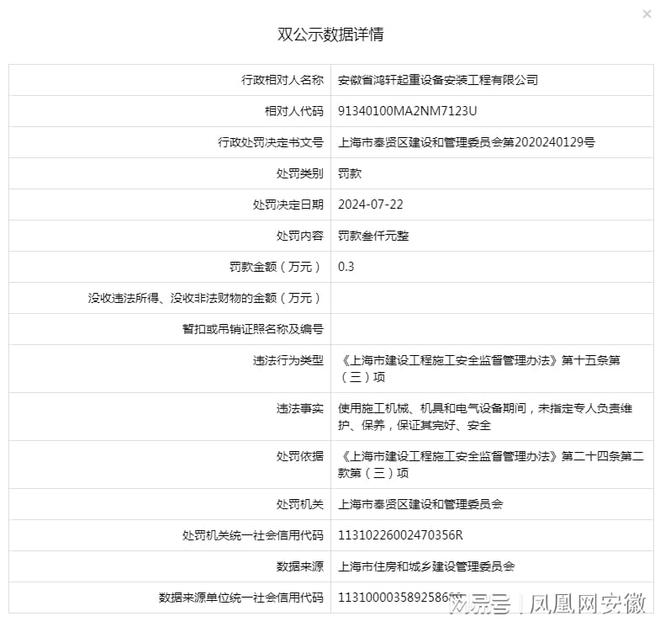 南宫28官方安徽省鸿轩起重设置装置工程有限公司被罚款03万元(图1)