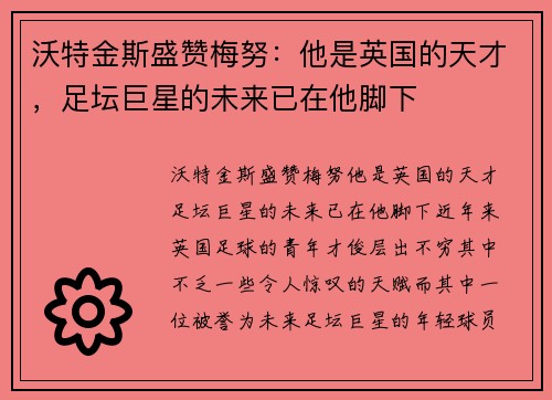 沃特金斯盛赞梅努：他是英国的天才，足坛巨星的未来已在他脚下