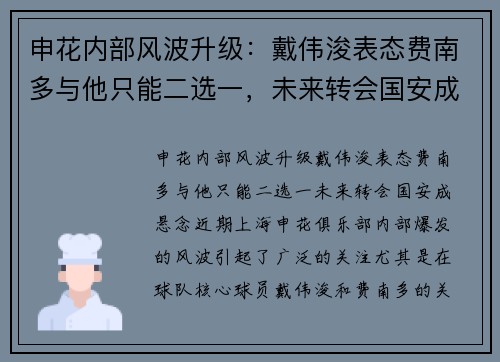 申花内部风波升级：戴伟浚表态费南多与他只能二选一，未来转会国安成悬念