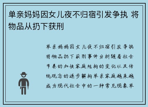 单亲妈妈因女儿夜不归宿引发争执 将物品从扔下获刑