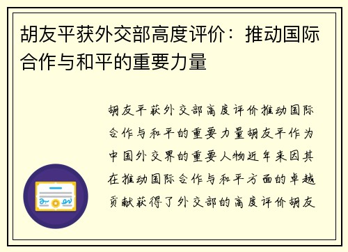 胡友平获外交部高度评价：推动国际合作与和平的重要力量