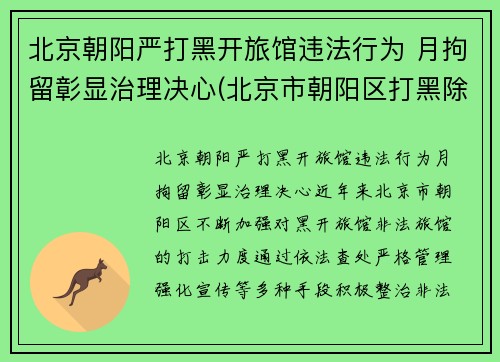 北京朝阳严打黑开旅馆违法行为 月拘留彰显治理决心(北京市朝阳区打黑除恶电话)