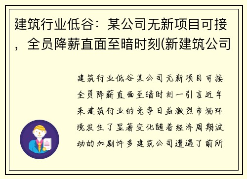 建筑行业低谷：某公司无新项目可接，全员降薪直面至暗时刻(新建筑公司没有业绩怎么办)